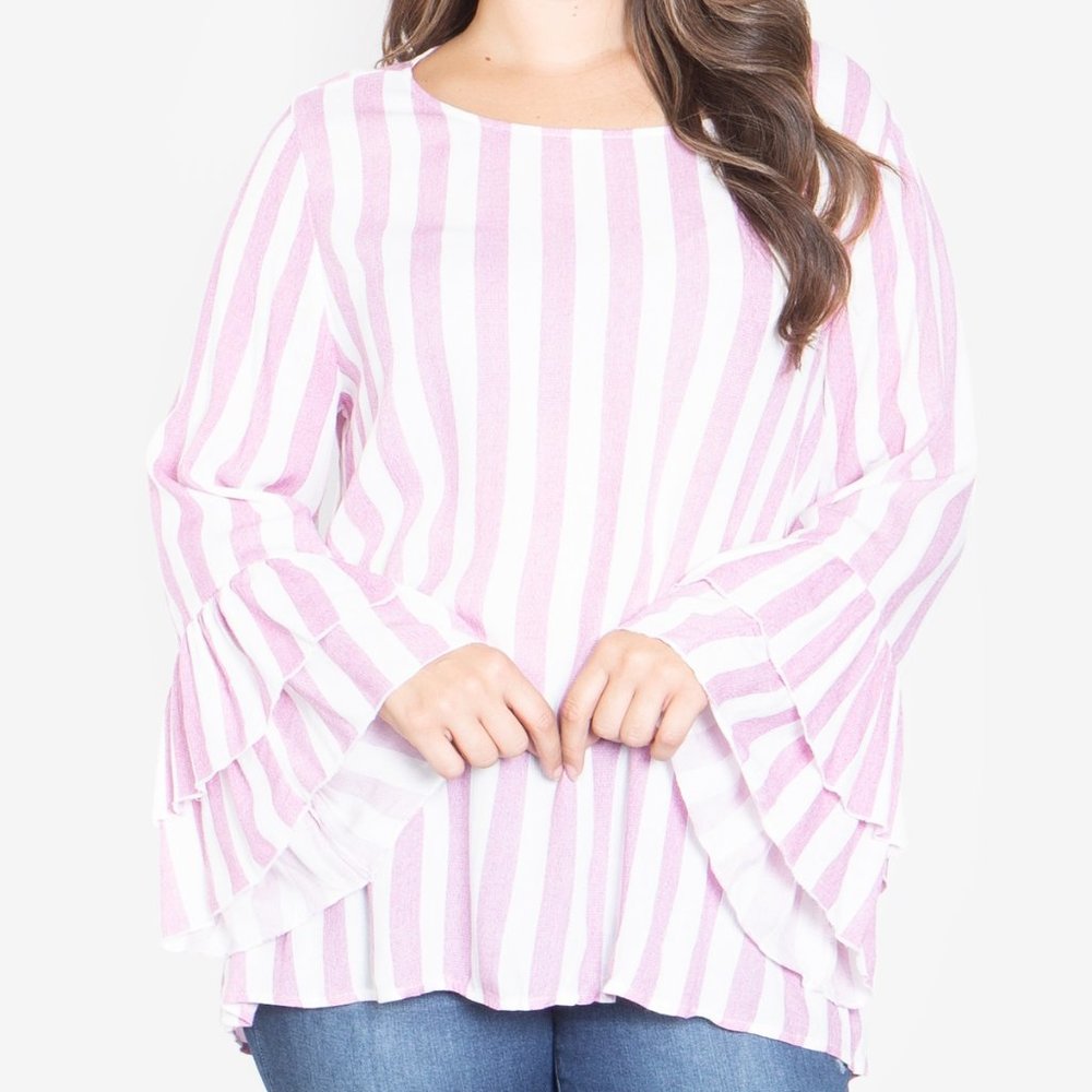 Brand New Stylish Lightweight Lavender White Stripes Bell Sleeve Blouse - 1XL